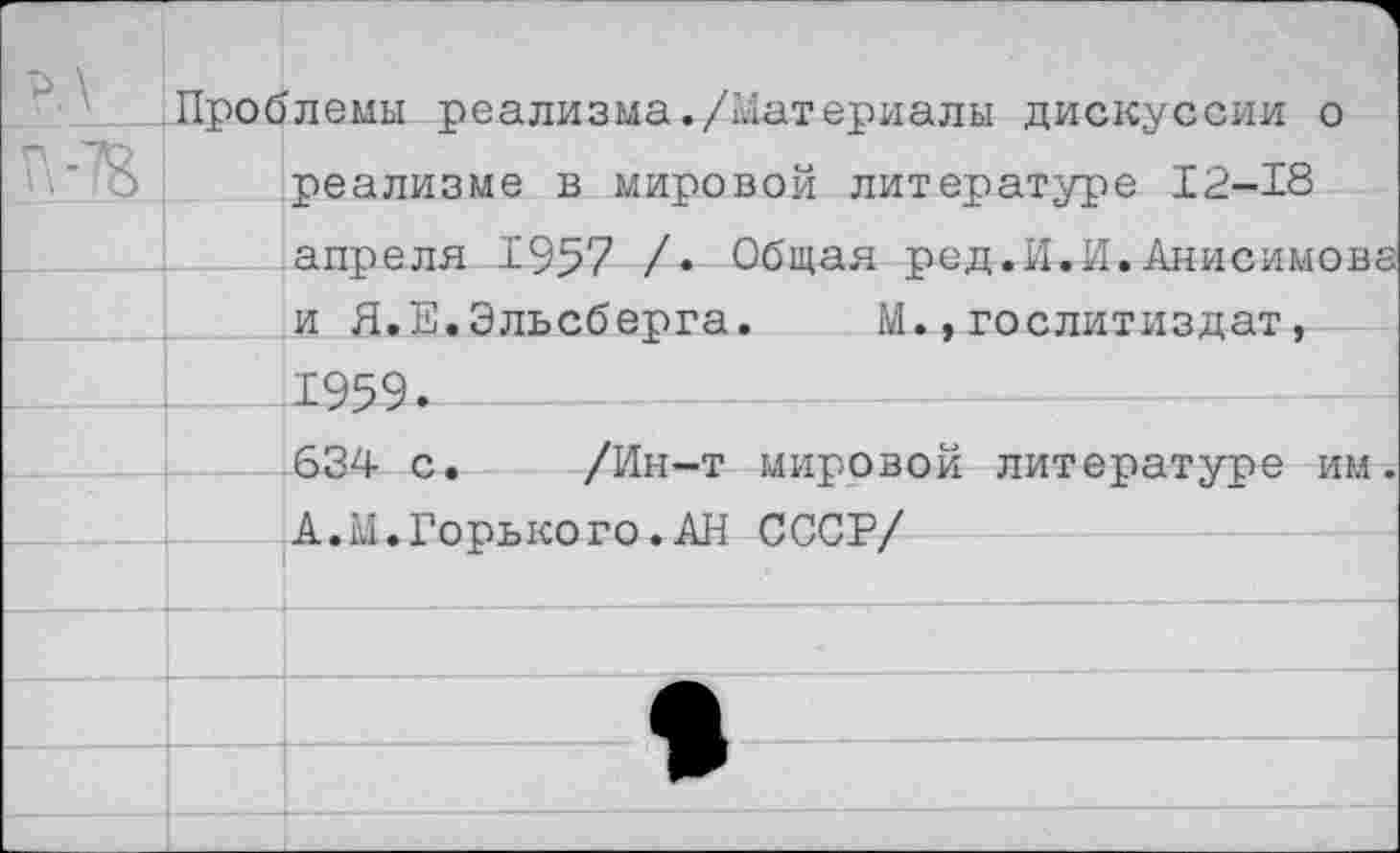 ﻿Проблемы реализма./Материалы дискуссии о реализме в мировой литературе 12-18 апреля 1957 /• Общая ред.И.И.Анисимова и Я.Е.Эльсберга.	М.,Гослитиздат,
1959.
634 с. /Ин-т мировой литературе им. А.М.Горького.АН СССР/